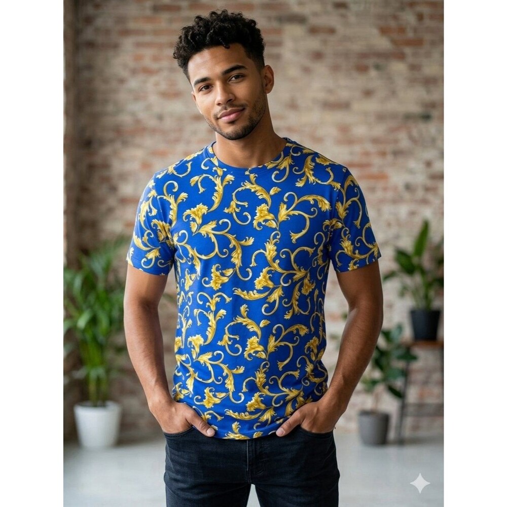 Versace Menโs Blue And Gold T-shirt Size Medium
